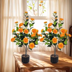 Artificial Camellia Tree 2 Pack, 36"Faux Camellia Plant in Pot with Orange Flowers, Greenery Potted Plant for Indoor Outdoor Office Home Porch De