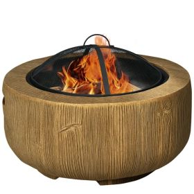 Outdoor Fire Pit, 24 Inch Metal Wood Burning Fireplace With SparkCover, Poker, Woodgrain Design, Light Brown (Option: Light Brown)